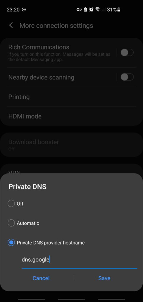 configuration de 8.8.8.8 Private DNS sur Android