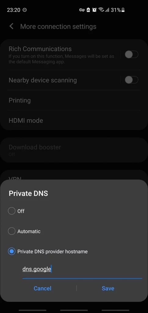 configuración del DNS privado 8.8.8.8 en Android