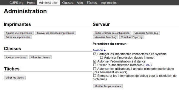 Etape 2: Page d'administration de CUPS