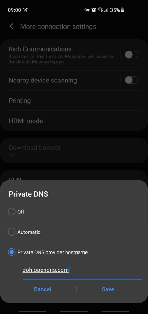 configuration de 208.67.222.222 Private DNS sur Android